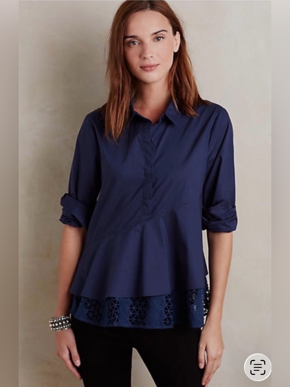 NWT HD Paris by Anthropologie Tiered Poplin Blouse in Navy Size Medium